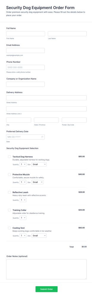 Security Dog Equipment Order Form Template