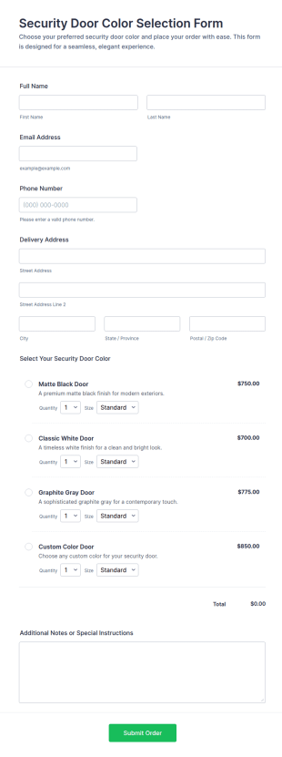 Security Door Color Selection Form Template