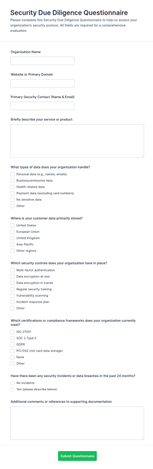 Security Due Diligence Questionnaire Form Template