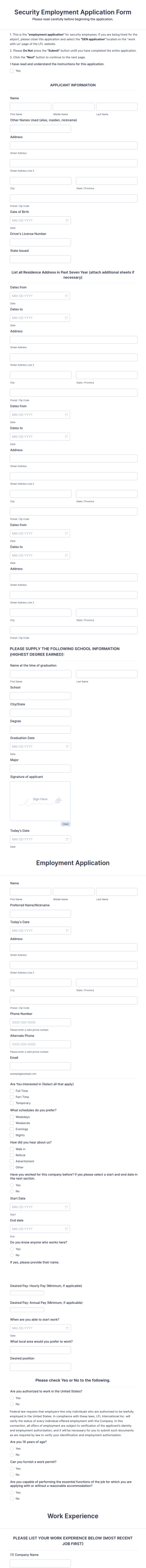 Security Employment Application Form Template