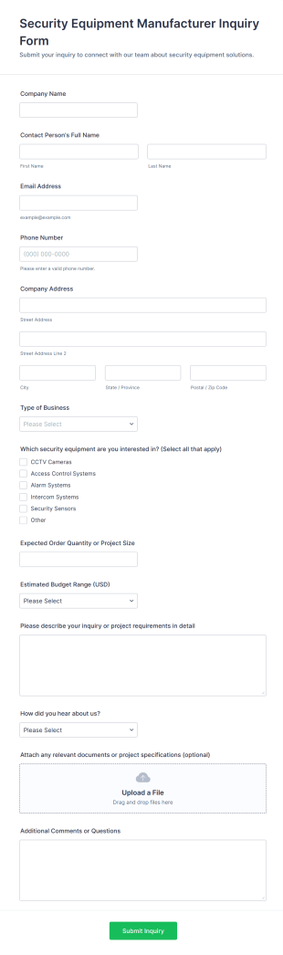 Security Equipment Manufacturer Inquiry Form Template