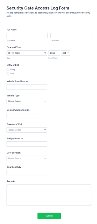 Security Gate Access Log Form Template