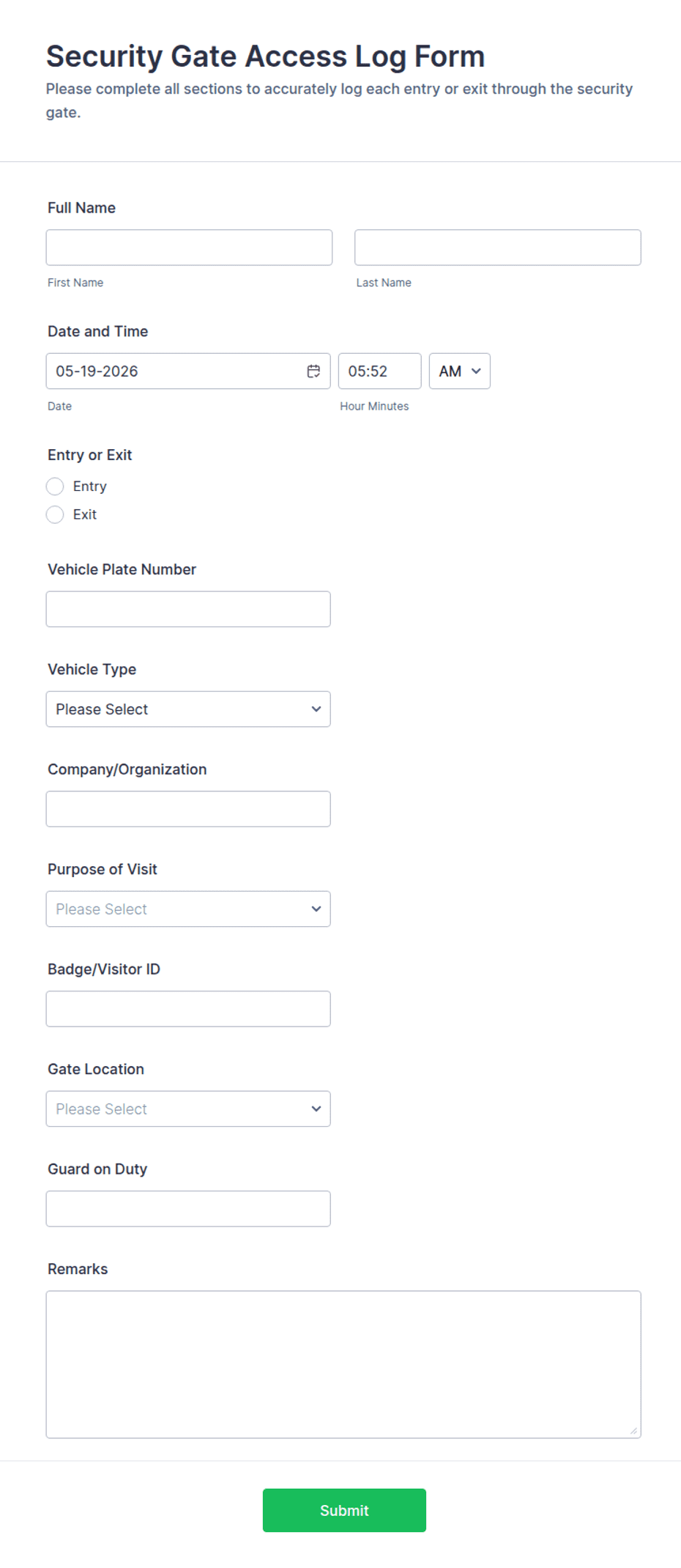 Security Gate Access Log Form Template | Jotform
