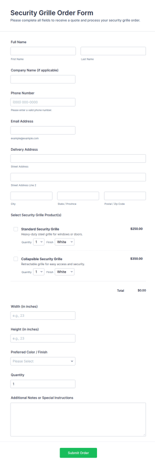 Security Grille Order Form Template