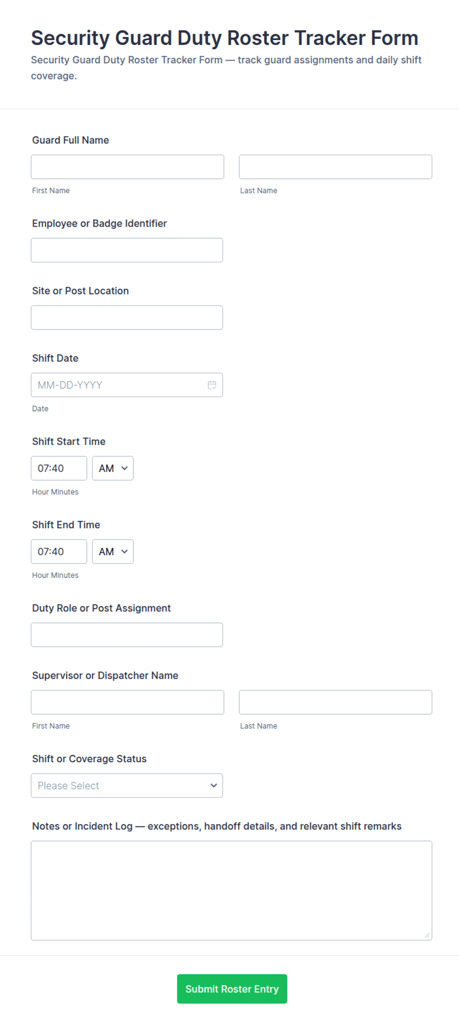 Security Guard Duty Roster Tracker Form Template | Jotform