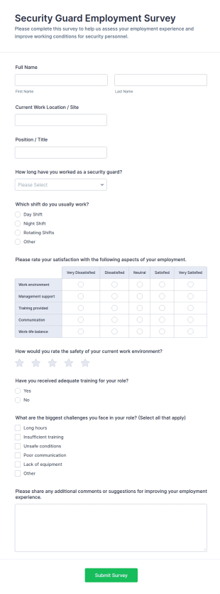 Security Guard Employment Survey Form Template