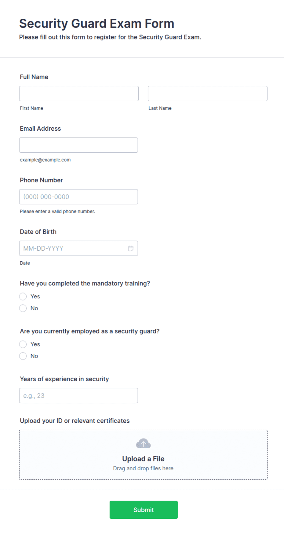 Sample Security Scan Form Security Guard Exam Form Template | Jotform