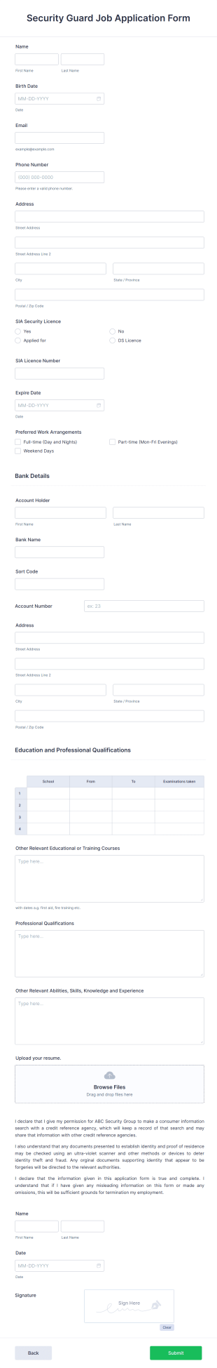 Security Guard Job Application Form Template