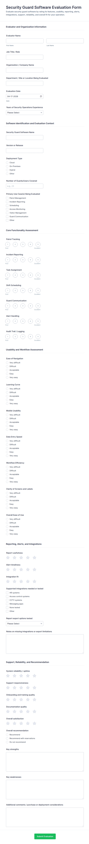 Security Guard Software Evaluation Form Template