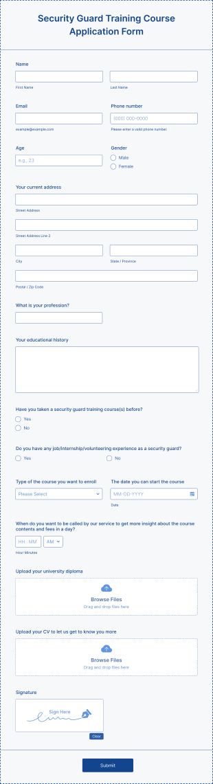Security Guard Training Course Application Form Template