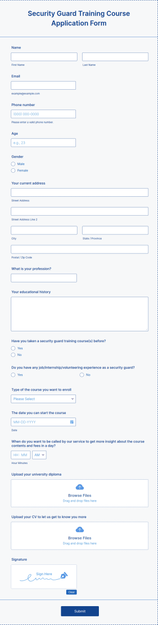 Security Guard Training Course Application Form Template
