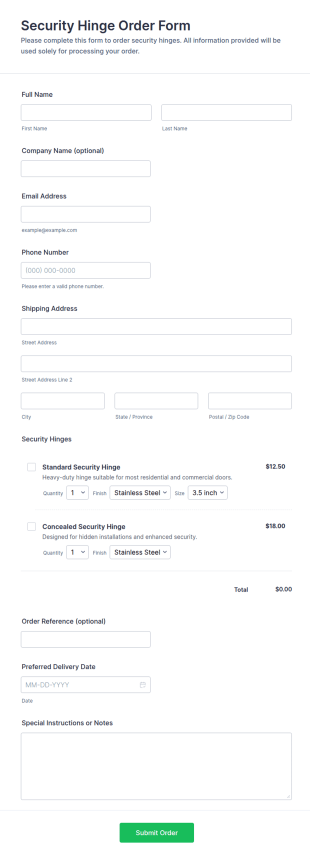 Security Hinge Order Form Template
