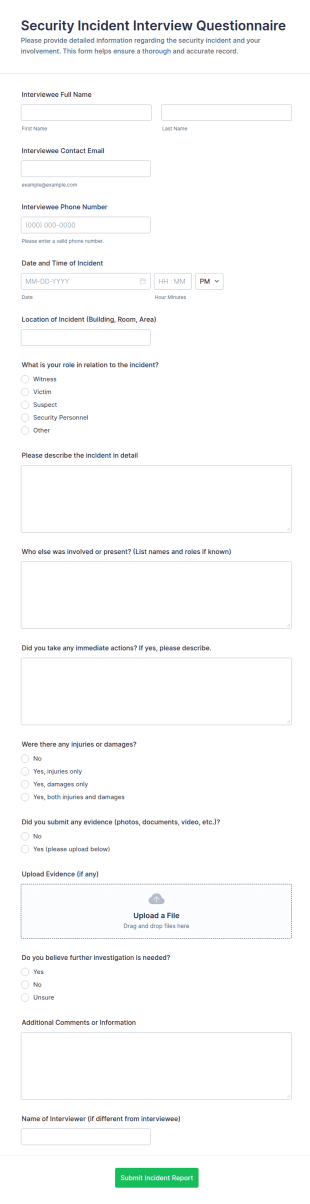 Security Incident Interview Questionnaire Form Template