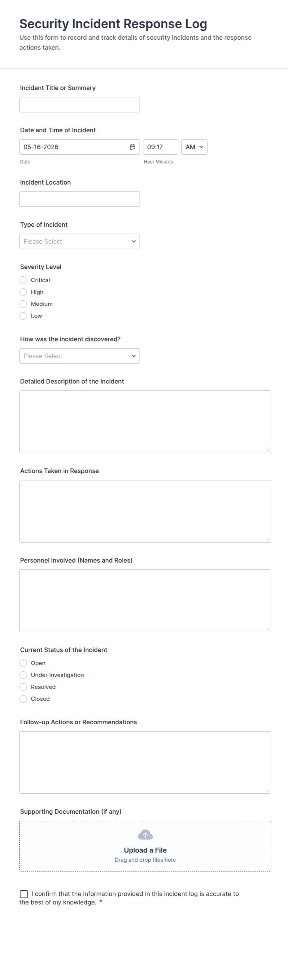 Security Incident Response Log Form Template | Jotform