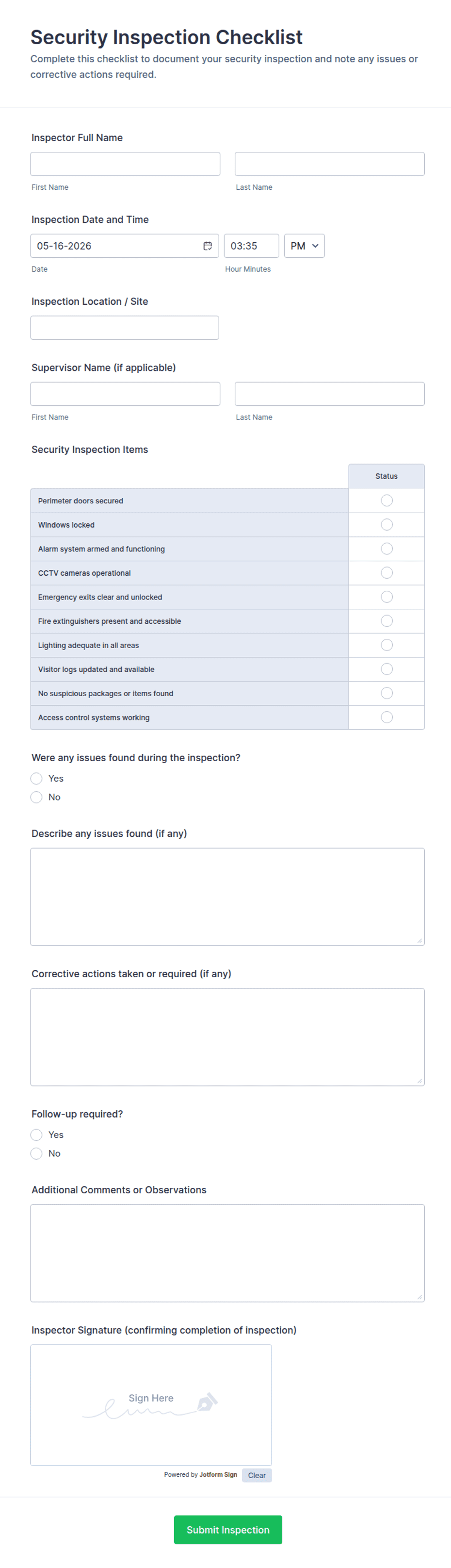 Security Inspection Checklist Form Template | Jotform