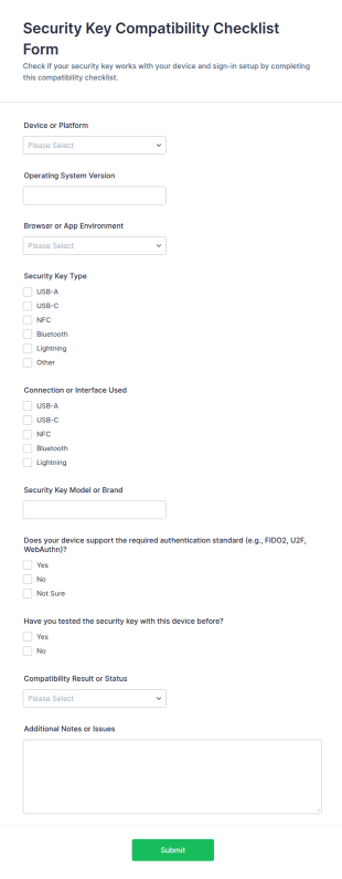 Security Key Compatibility Checklist Form Template
