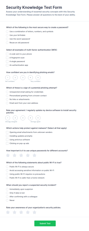 Security Knowledge Test Form Template
