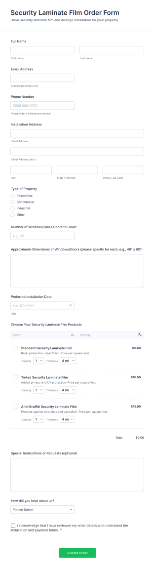 Security Laminate Film Order Form Template