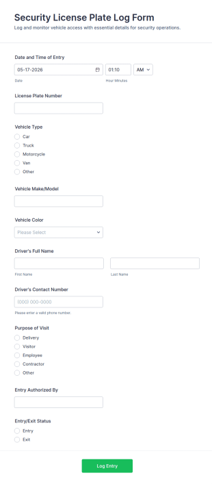 Security License Plate Log Form Template
