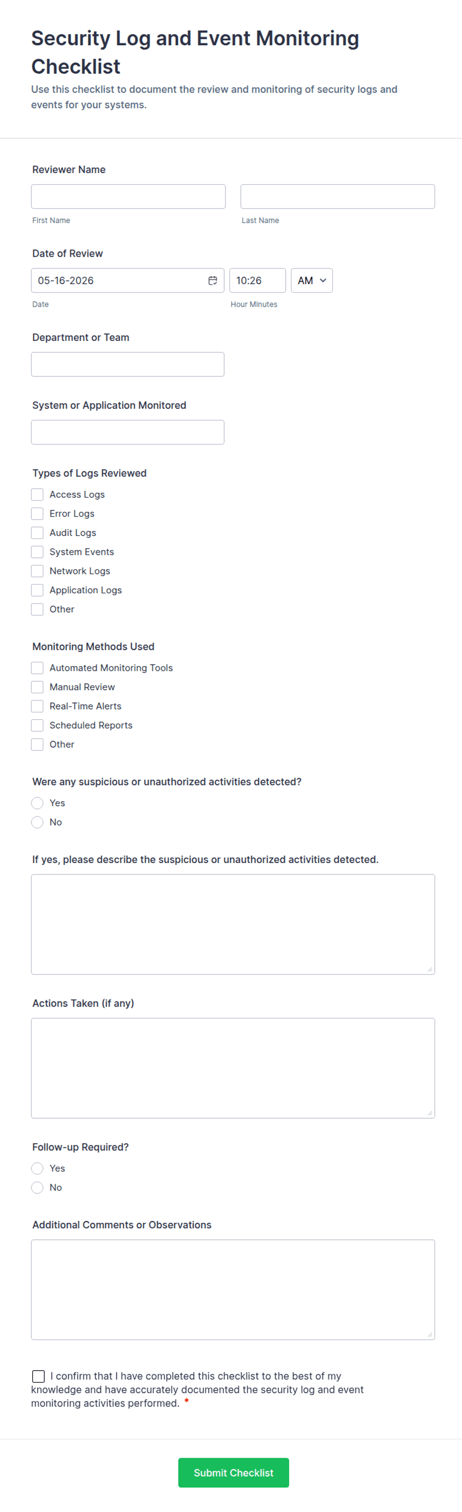 Random Security Inspection Log Security Log and Event Monitoring Checklist Form Template | Jotform