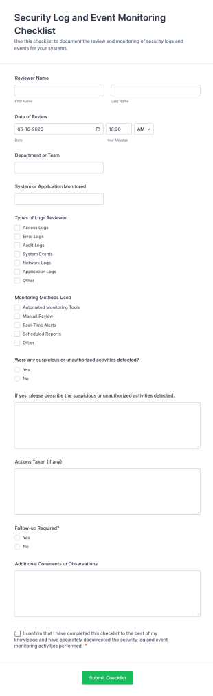 Security Log And Event Monitoring Checklist Form Template