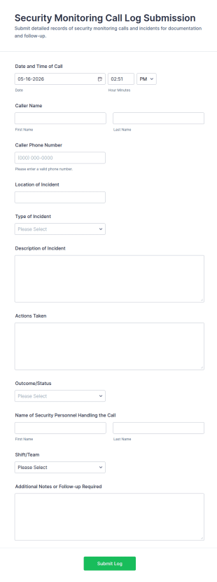 Security Monitoring Call Log Submission Form Template