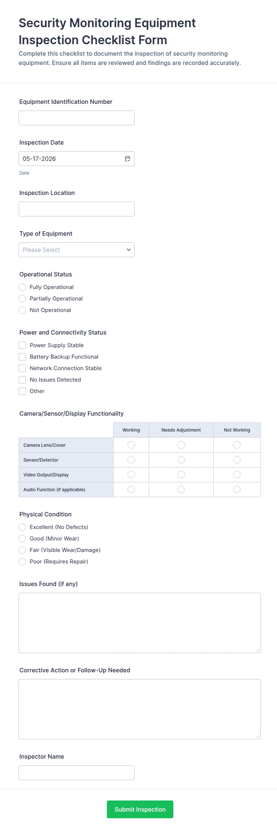 Security Monitoring Equipment Inspection Checklist Form Template | Jotform