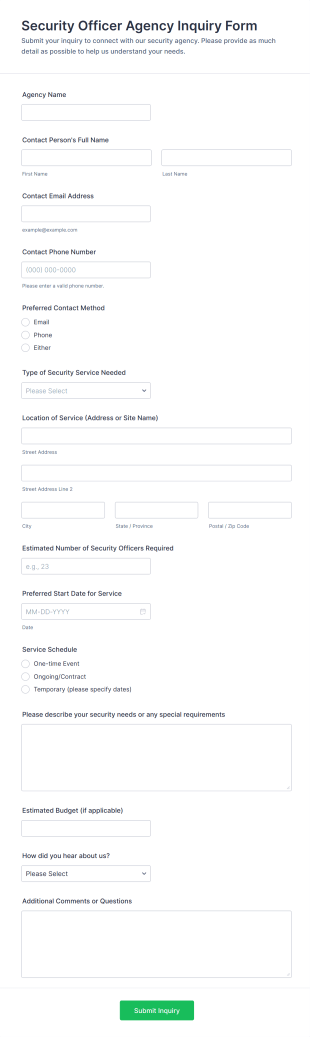 Security Officer Agency Inquiry Form Template