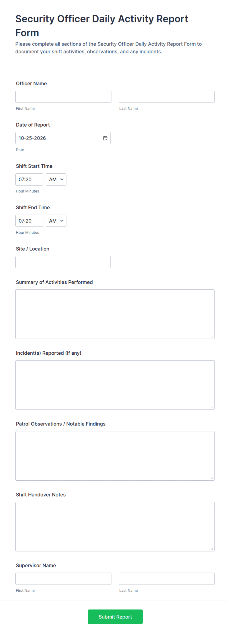 Mircrosoft Forms Report Examples Security Officer Daily Activity Report Form Template | Jotform