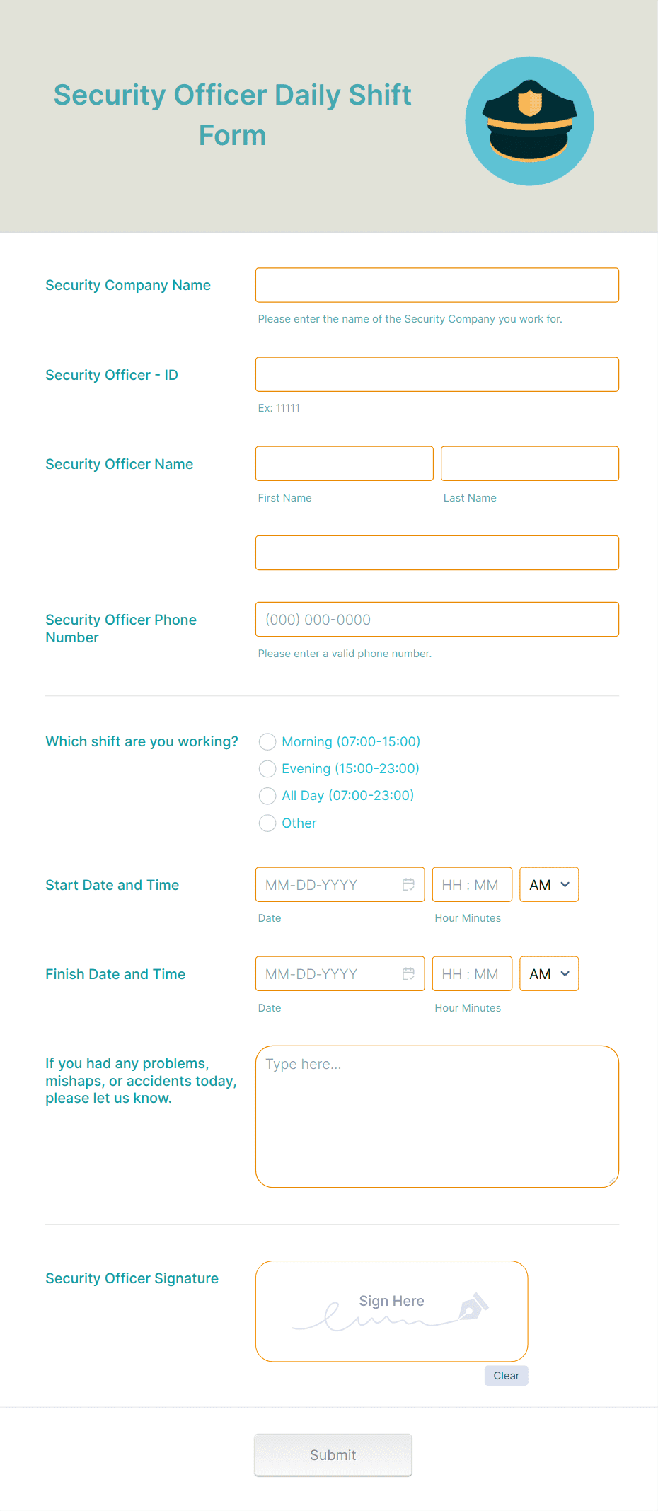 Security Officer Daily Shift Form Template | Jotform