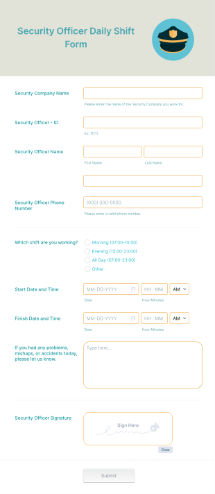 Security Officer Daily Shift Form Template