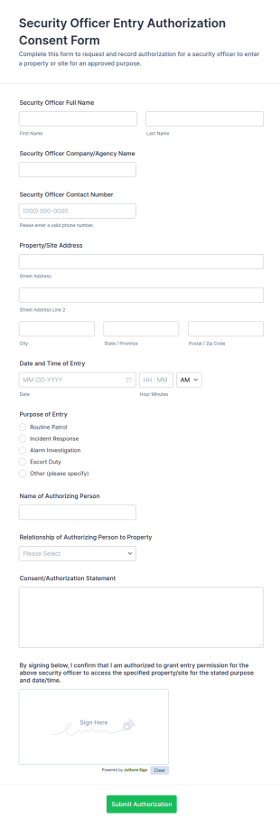 Security Officer Entry Authorization Consent Form Template