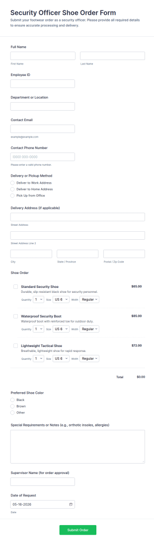 Security Officer Shoe Order Form Template