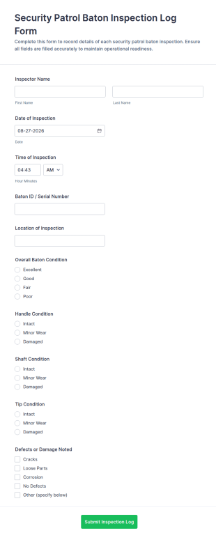 Security Patrol Baton Inspection Log Form Template