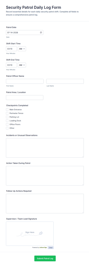 Security Patrol Daily Log Form Template