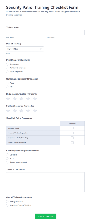 Security Patrol Training Checklist Form Template