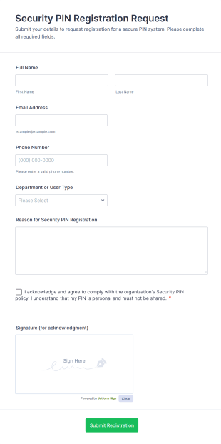 Security PIN Registration Request Form Template