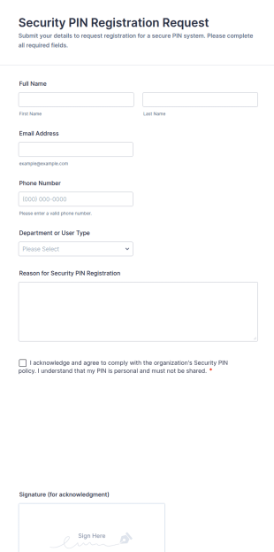 Security PIN Registration Request Form Template