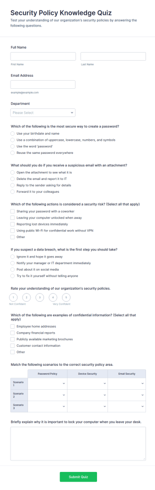 Security Policy Knowledge Quiz Form Template