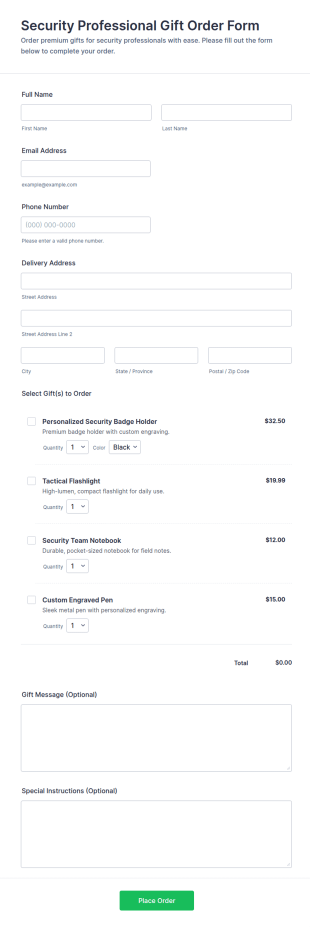 Security Professional Gift Order Form Template
