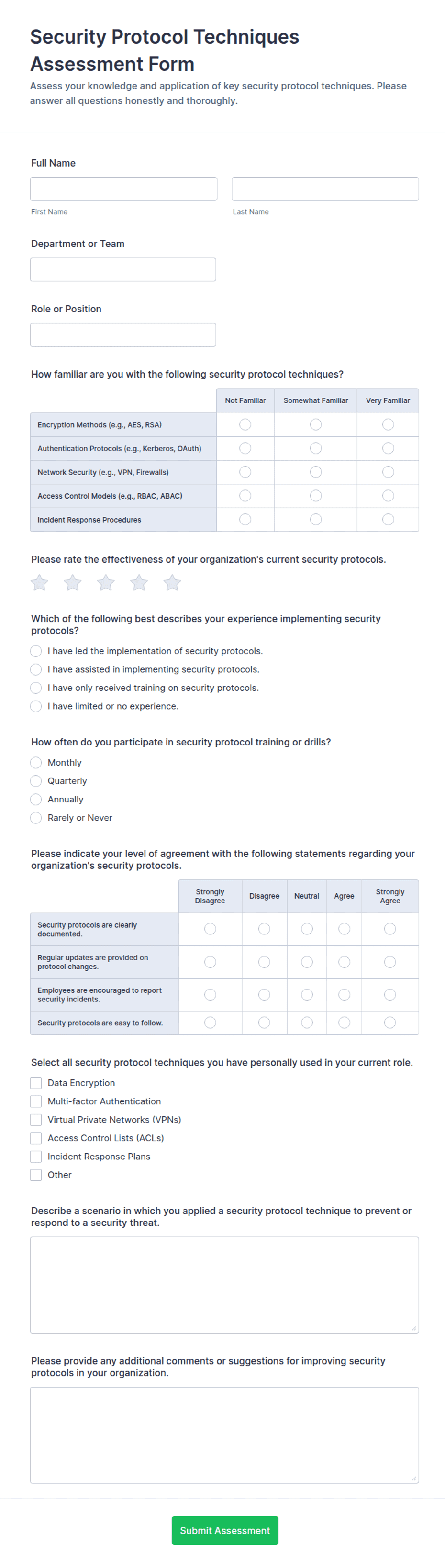 Sample Security Scan Form Security Protocol Techniques Assessment Form Template | Jotform