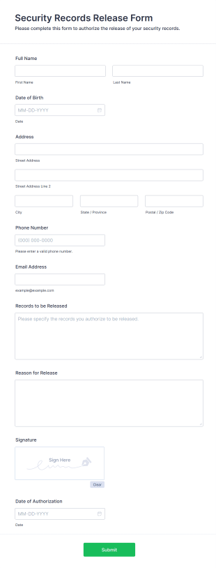 Security Records Release Form Form Template