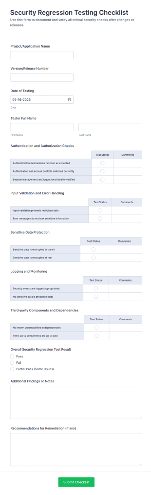 Security Regression Testing Checklist Form Template