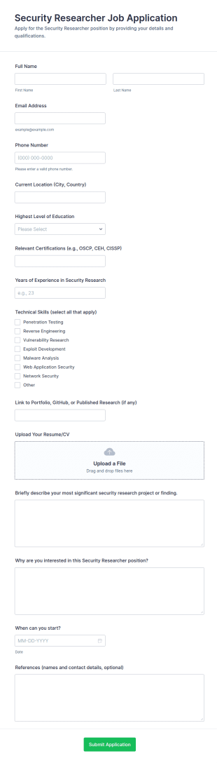 Security Researcher Job Application Form Template