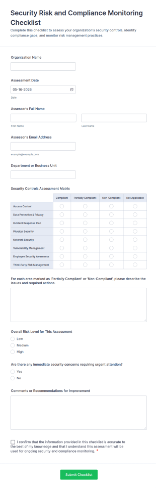 Security Risk And Compliance Monitoring Checklist Form Template