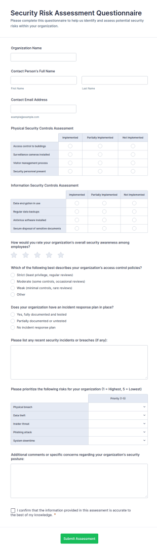 Security Risk Assessment Questionnaire Form Template