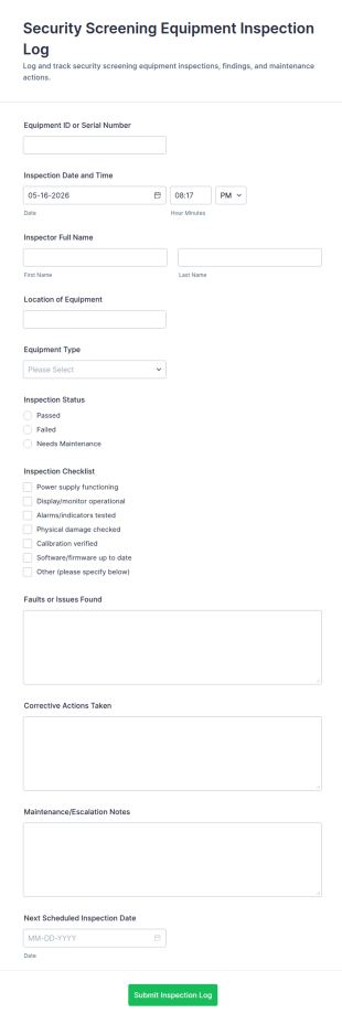 Security Screening Equipment Inspection Log Form Template