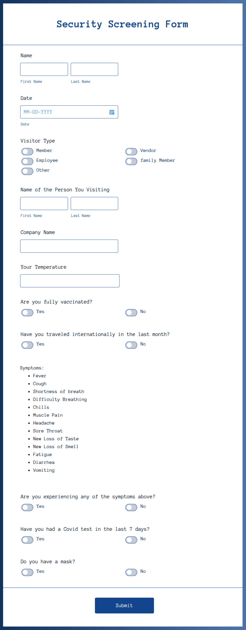 Sample Security Scan Form Security Screening Form Template | Jotform