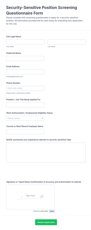 Security Sensitive Position Screening Questionnaire Form Template
