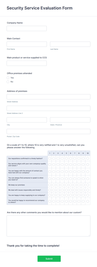 Security Service Evaluation Form Template
